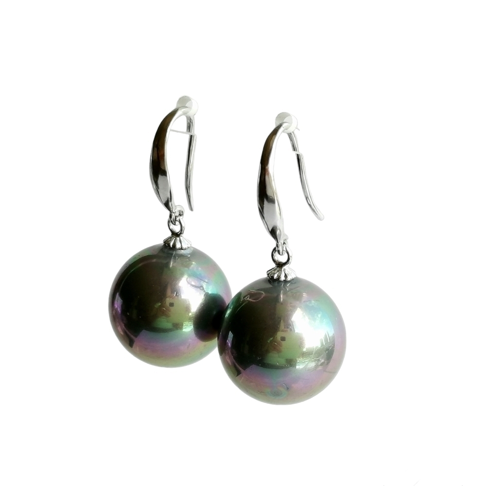 Peacock Grey Shell Pearl Drop Earrings Sterling Silver